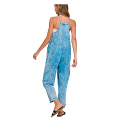 Zenana Washed Spaghetti Straps Overalls With Pockets Ocean Blue - PinkPro Beauty Supply
