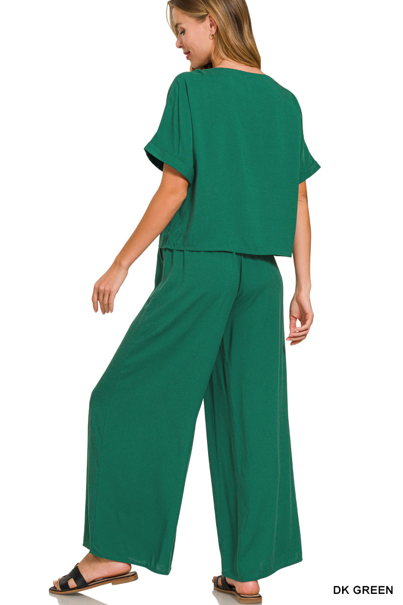Apparel Woven Short Sleeve & Long Pants Set Dark Green