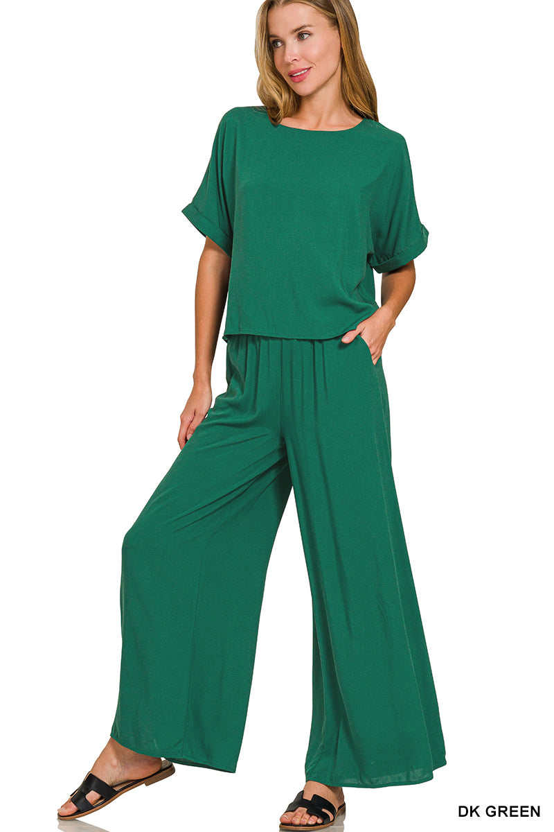 Apparel Woven Short Sleeve & Long Pants Set Dark Green