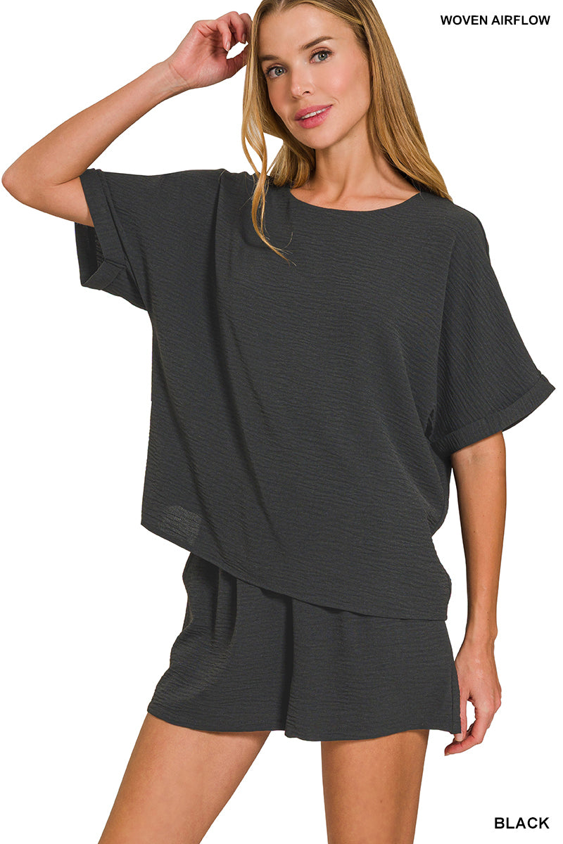 Zenana Apparel Set Woven Short Sleeve & Shorts Set Black