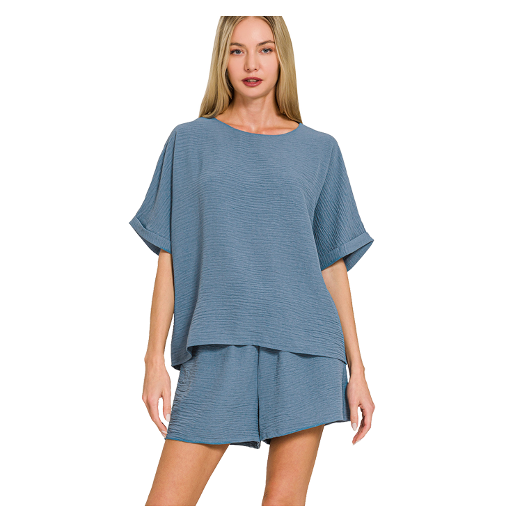 Zenana Apparel Set Woven Short Sleeve & Shorts - Dusty Blue