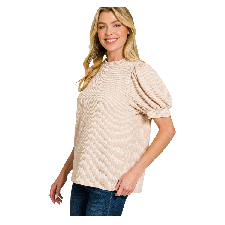 Zenana Top Raised Rib Puff Sleeve Sand Beige