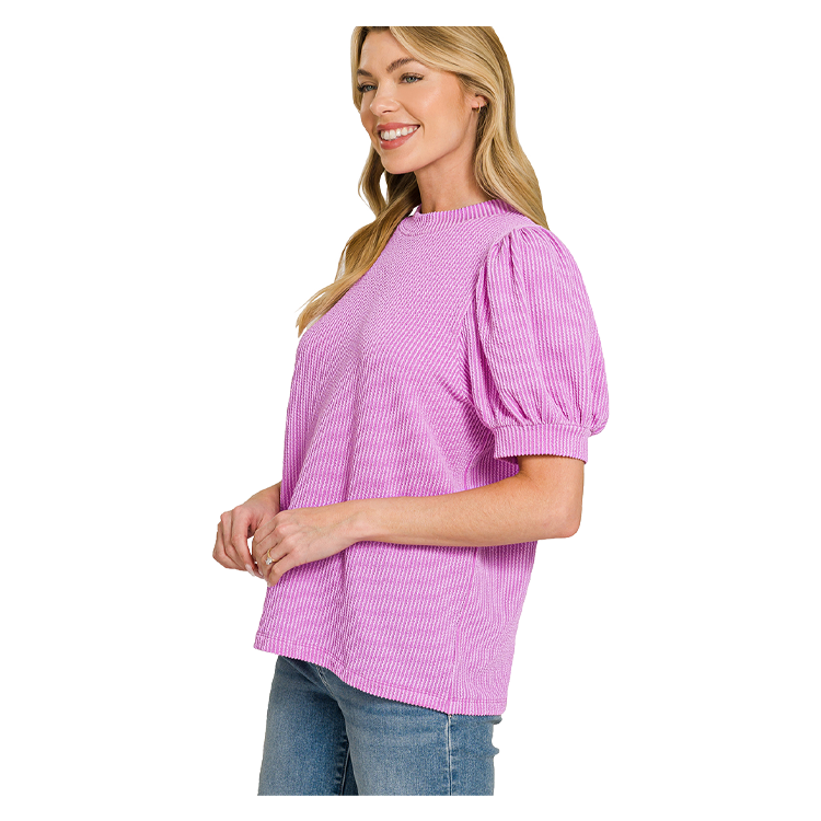 Zenana Top Raised Rib Puff Sleeve Spring Violet