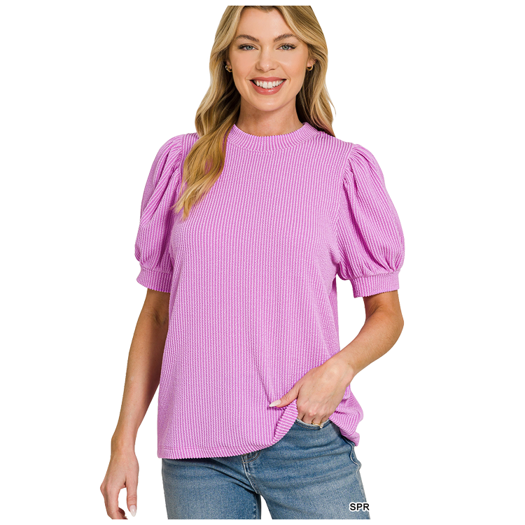 Zenana Top Raised Rib Puff Sleeve Spring Violet