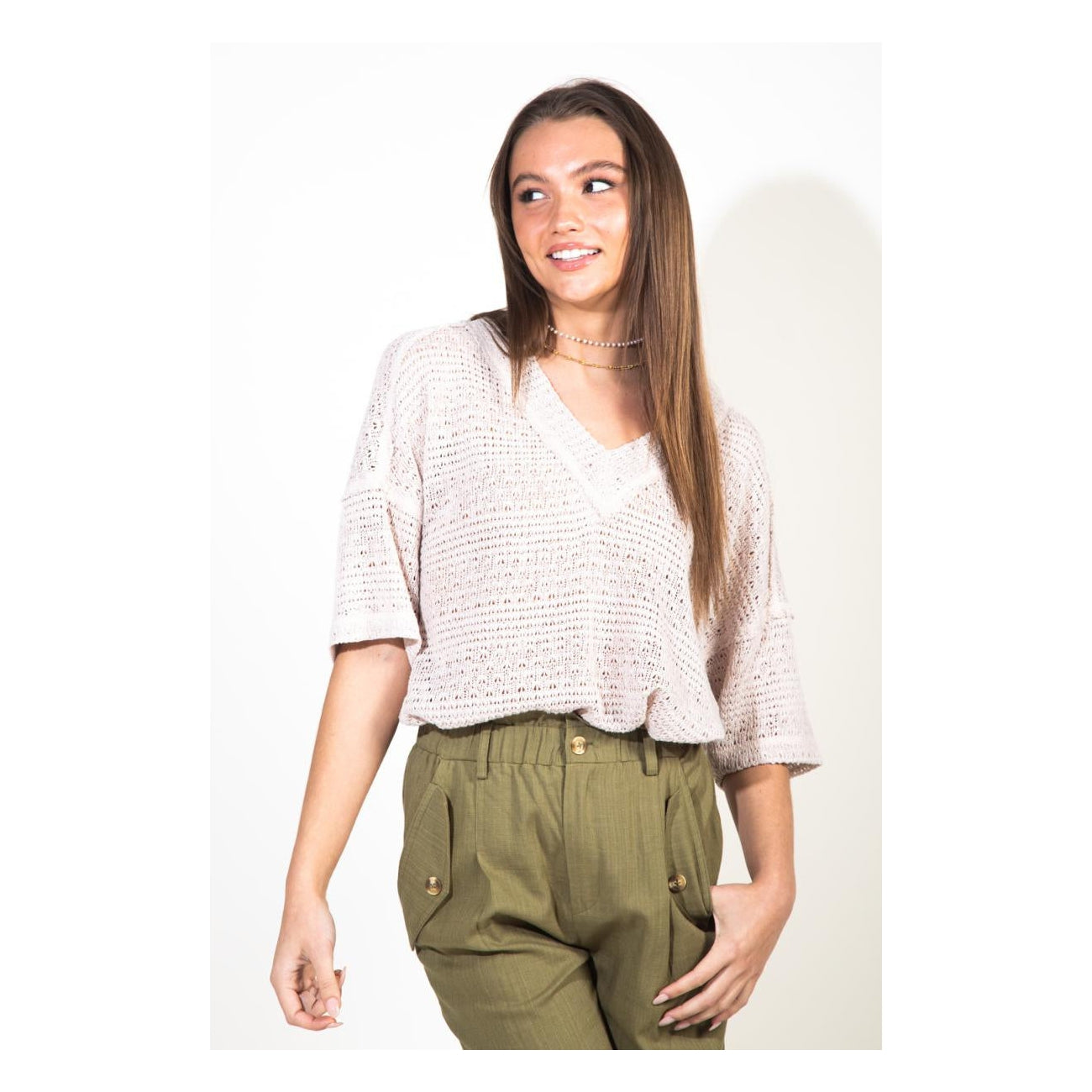 Top Waffle Knit Raw Edge V-Neck Taupe