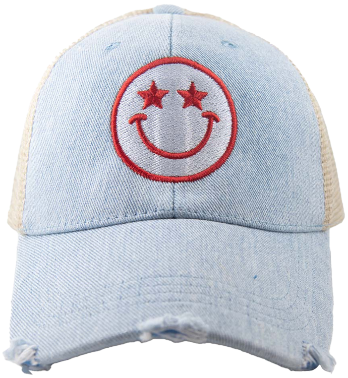 Denim Happy Face Trucker Hat