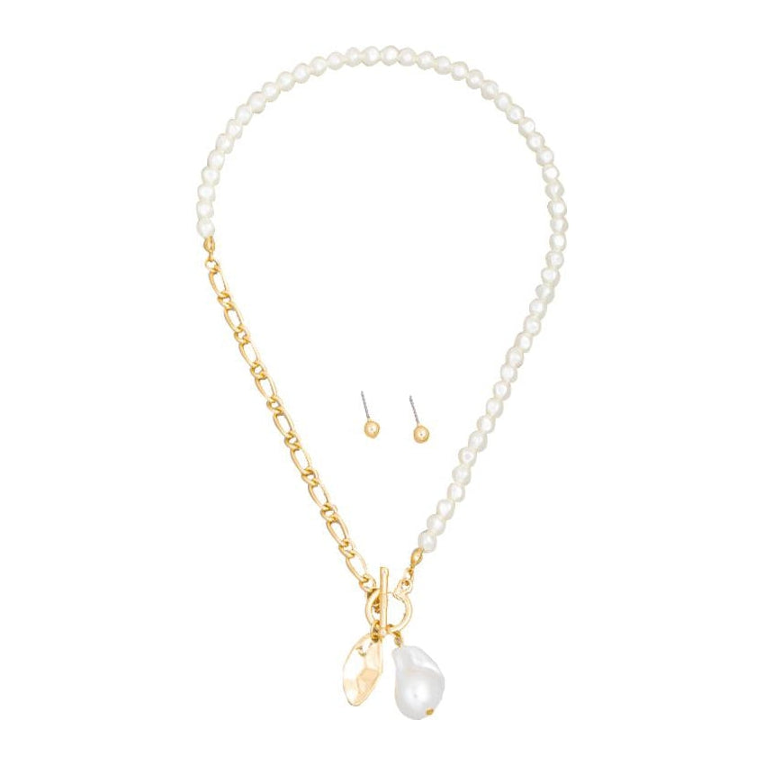 Necklace Set Pearl Chain Toggle Gold
