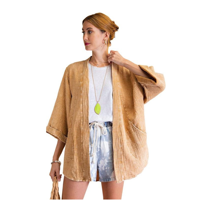 Easel Open Kimono Mineral Wash Camel