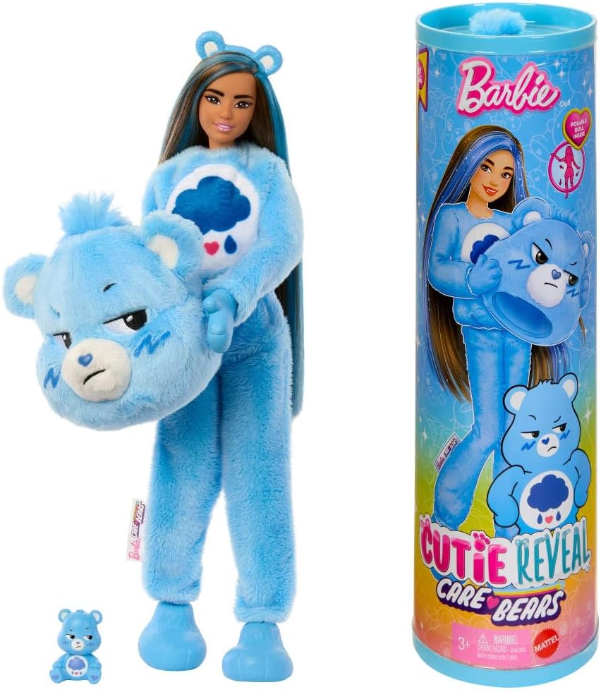 Barbie Cutie Reveal Care Bears Doll & Grumpy Bear Costume Set with 10 Surprises