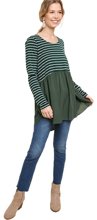 Umgee Babydoll Forest Green Stripe Top