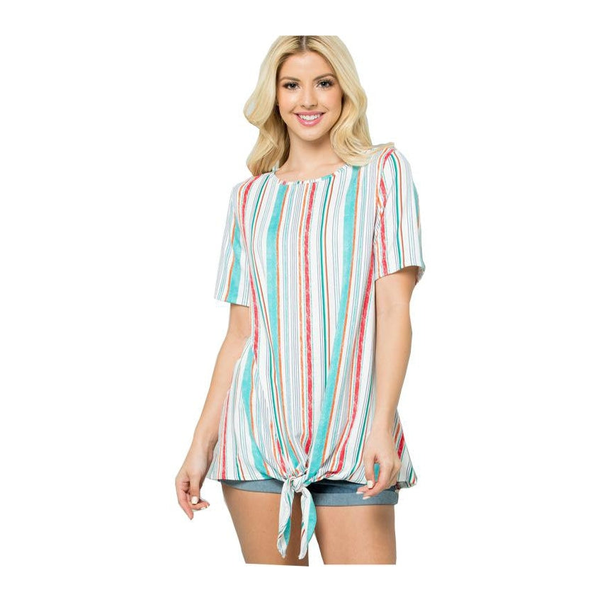 Top Knotted Hem Stripe Ivory/Teal Small