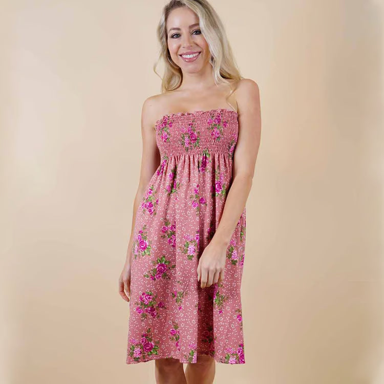 Dress Strapless Floral Pink - Small