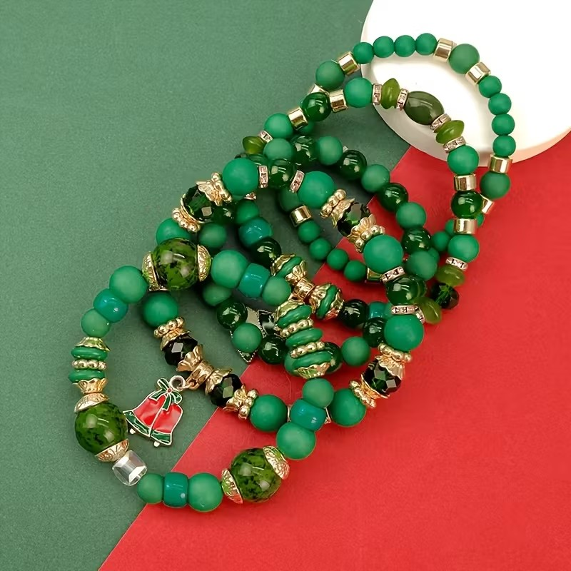 Green Beaded Christmas Charm Bracelet Set - 5-Piece