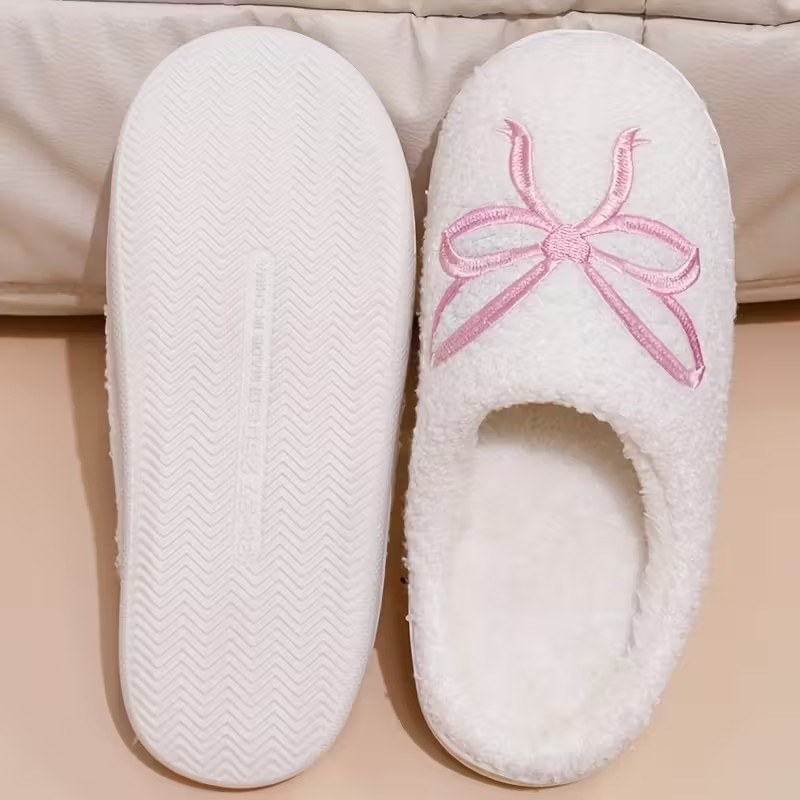 Embroidered Pink Bow with Heart Slippers