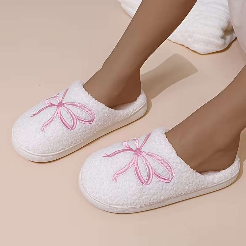 Embroidered Pink Bow with Heart Slippers