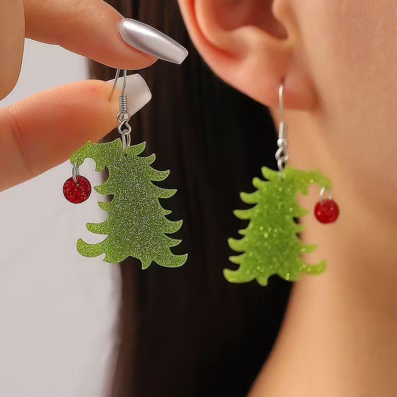 Christmas Tree Earrings - Green with Red Ornament