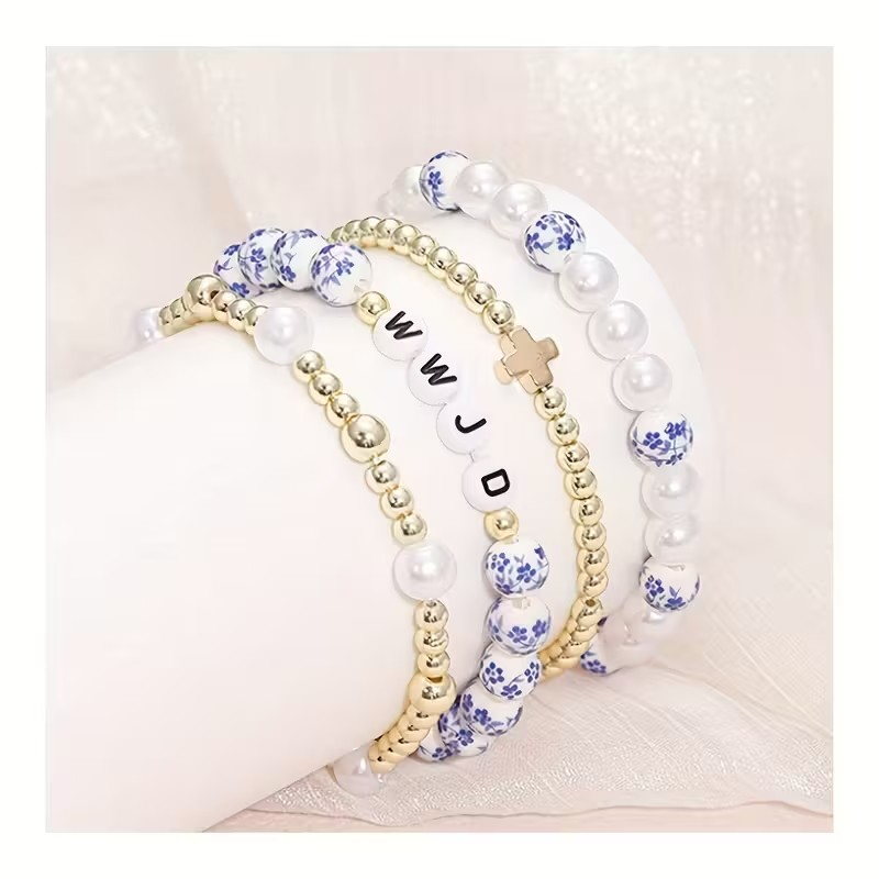 Bracelet Set 4 Piece WWJD Blue Floral Pearl