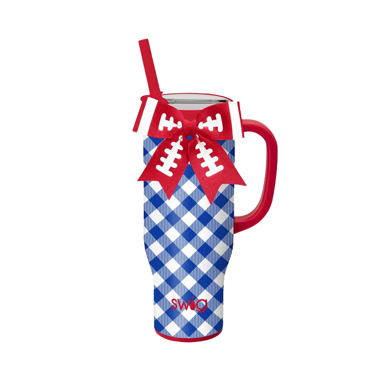 Swig Life Mega Mug Gingham Royal Blue/Red with Bow 30 oz.