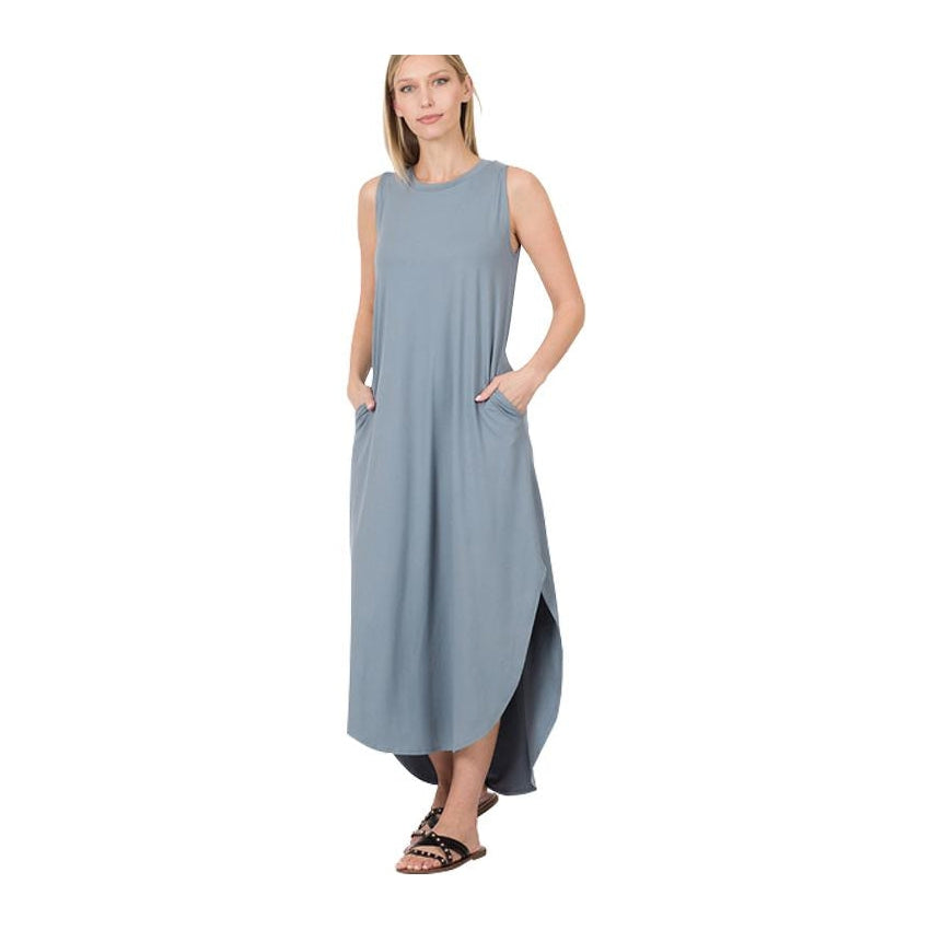 Maxi Dress Side Slit with Pockets Cement