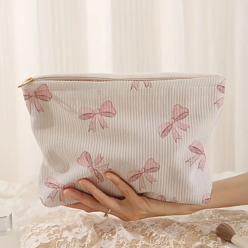 Corduroy Pink Bow Bag Cosmetic Bag