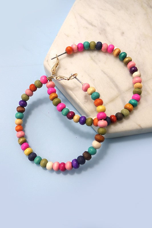 Multi-Colored Wood Bead Hoop Earrings