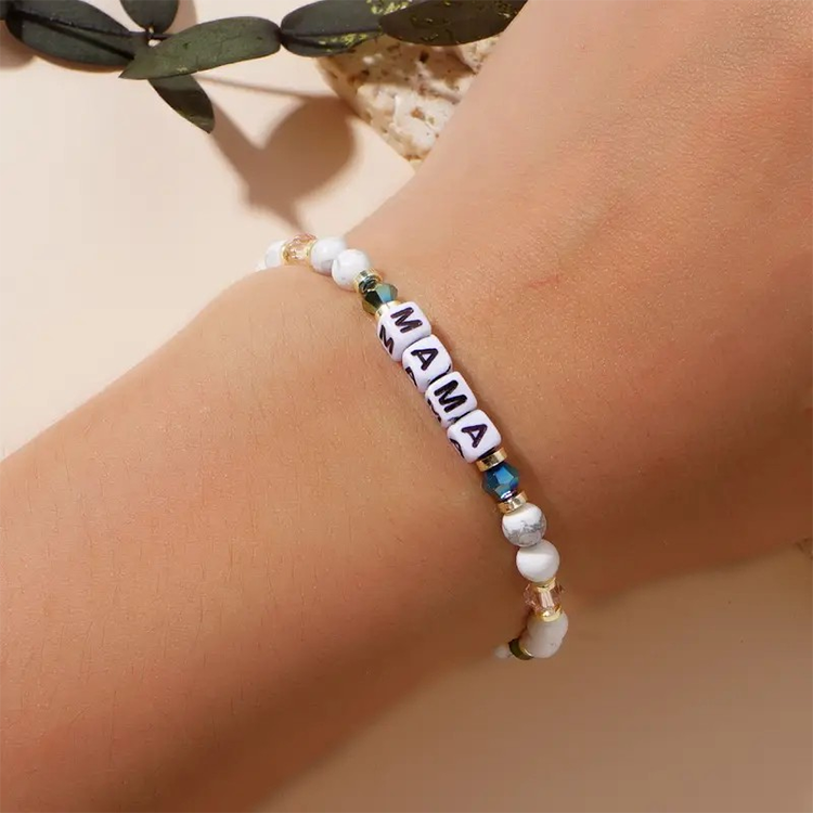 Mama Beaded Charm Bracelet Vintage Boho Natural Stone