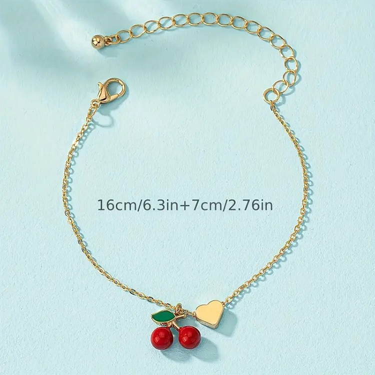 Cherry & Heart Gold Charm Bracelet