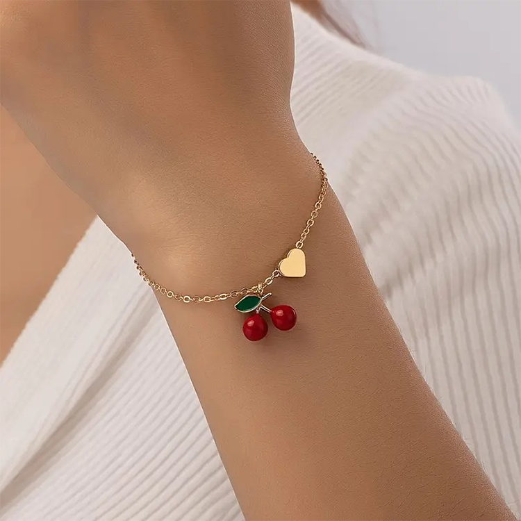 Cherry & Heart Gold Charm Bracelet