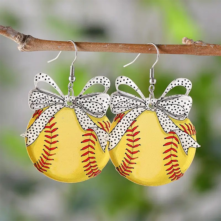 Earrings Softball with Polka Dot Bow