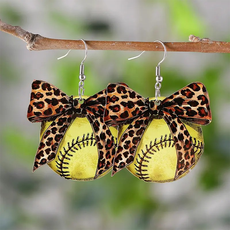 Earrings Softball with Leopard Bow