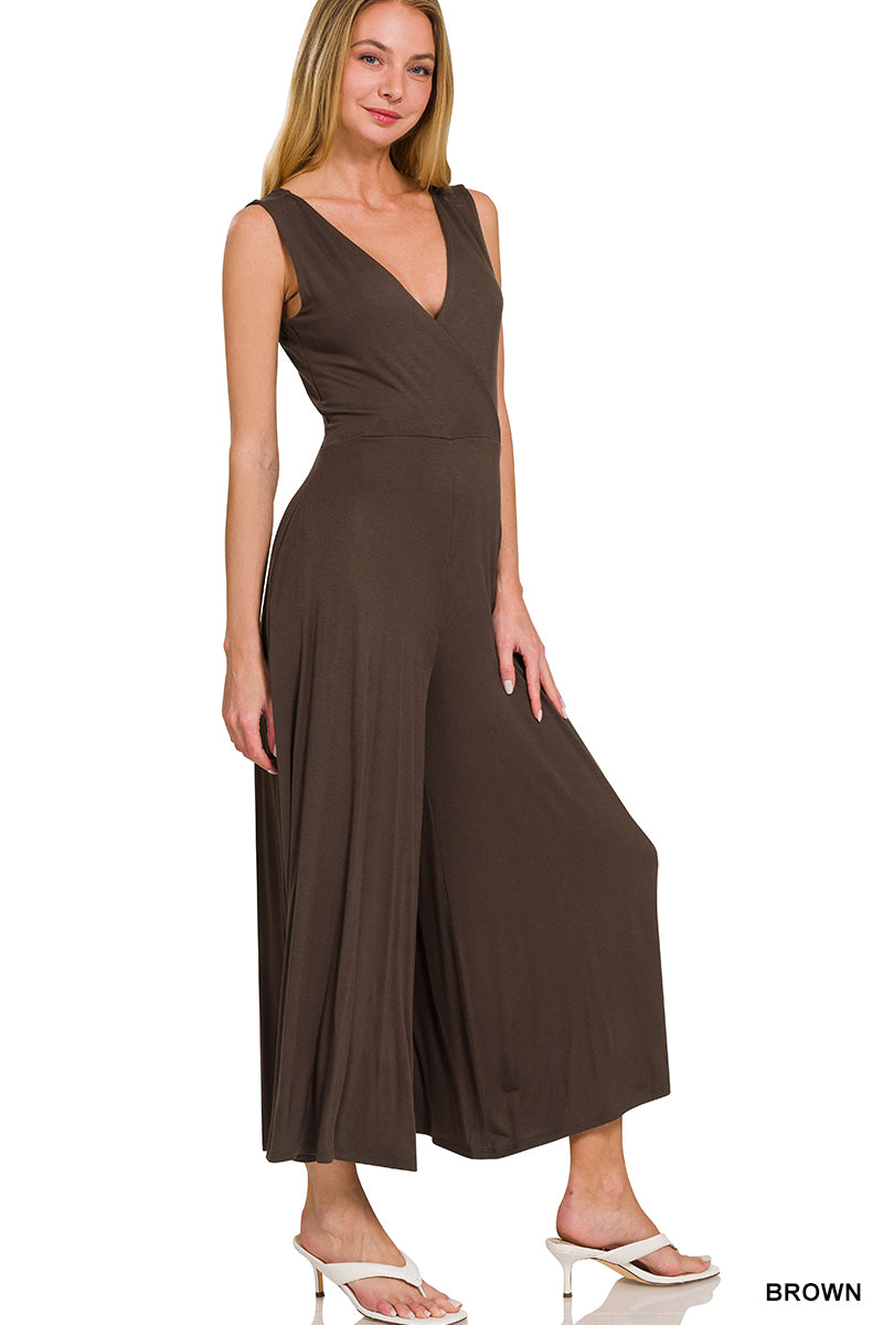 Zenana Sleeveless Surplice Wide-Leg Jumpsuit Brown