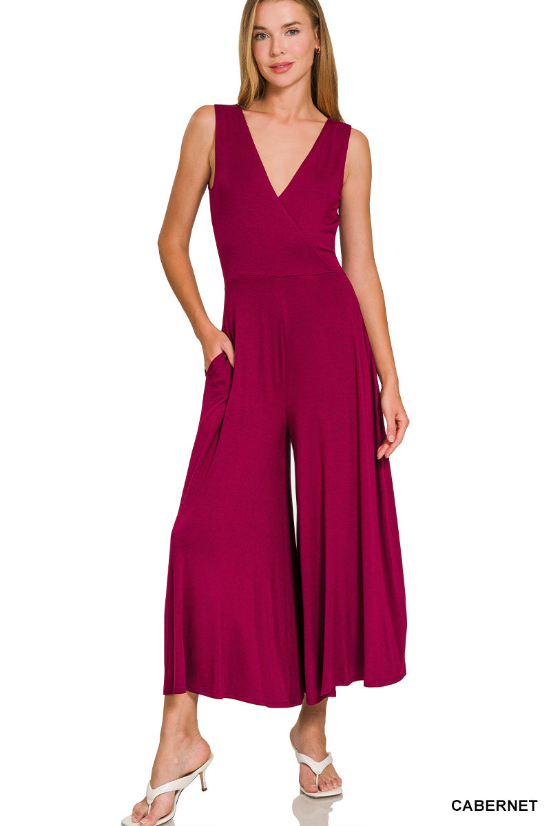 Zenana Sleeveless Surplice Jumpsuit - Cabernet