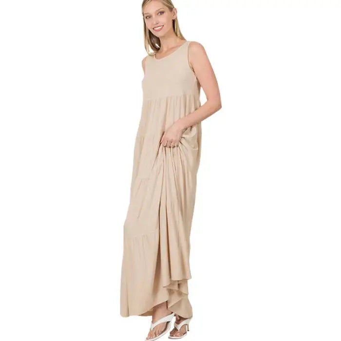 Beige Sleeveless Tiered Maxi Dress - PinkPro Beauty Supply