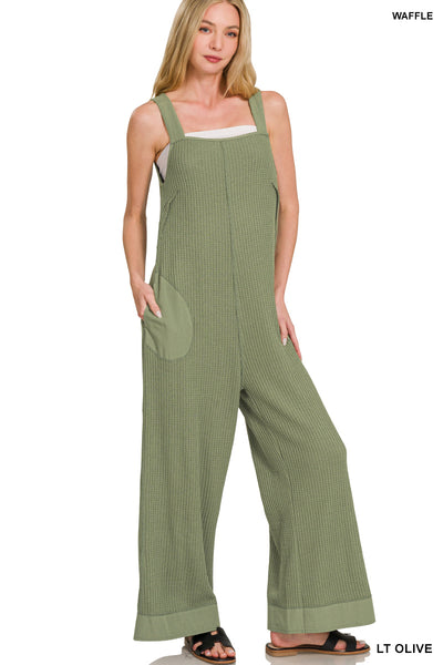 Zenana Overalls Waffle Kint Wide Leg - Olive - PinkPro Beauty Supply