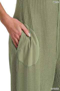 Zenana Overalls Waffle Kint Wide Leg - Olive - PinkPro Beauty Supply