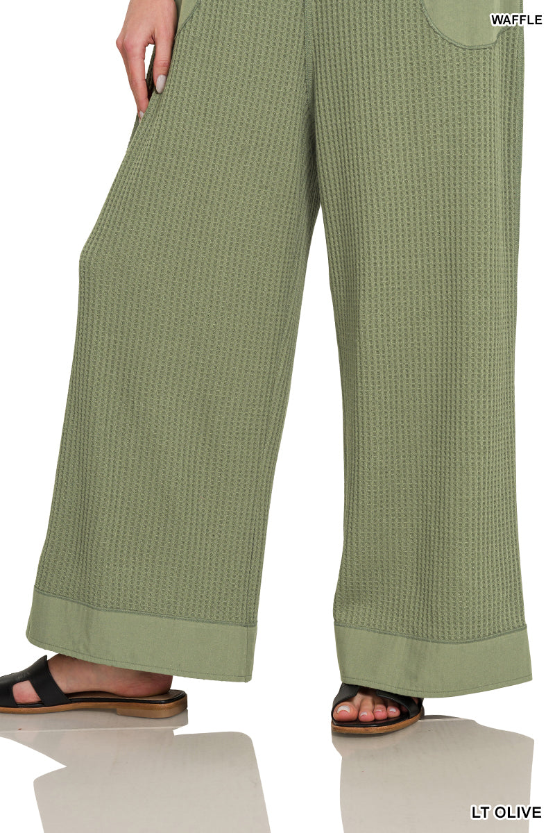 Zenana Overalls Waffle Kint Wide Leg - Olive - PinkPro Beauty Supply