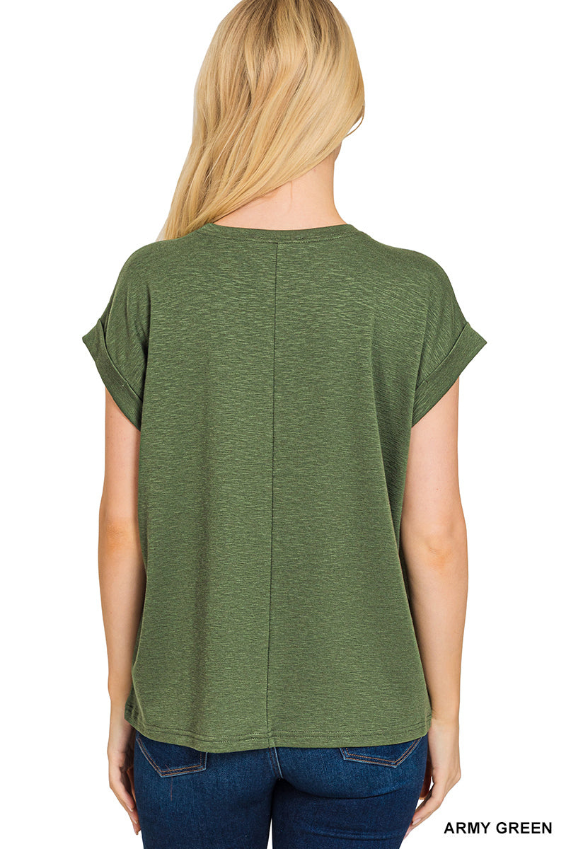 Zenana Cotton Top Crew Neck Long Sleeve - Army Green