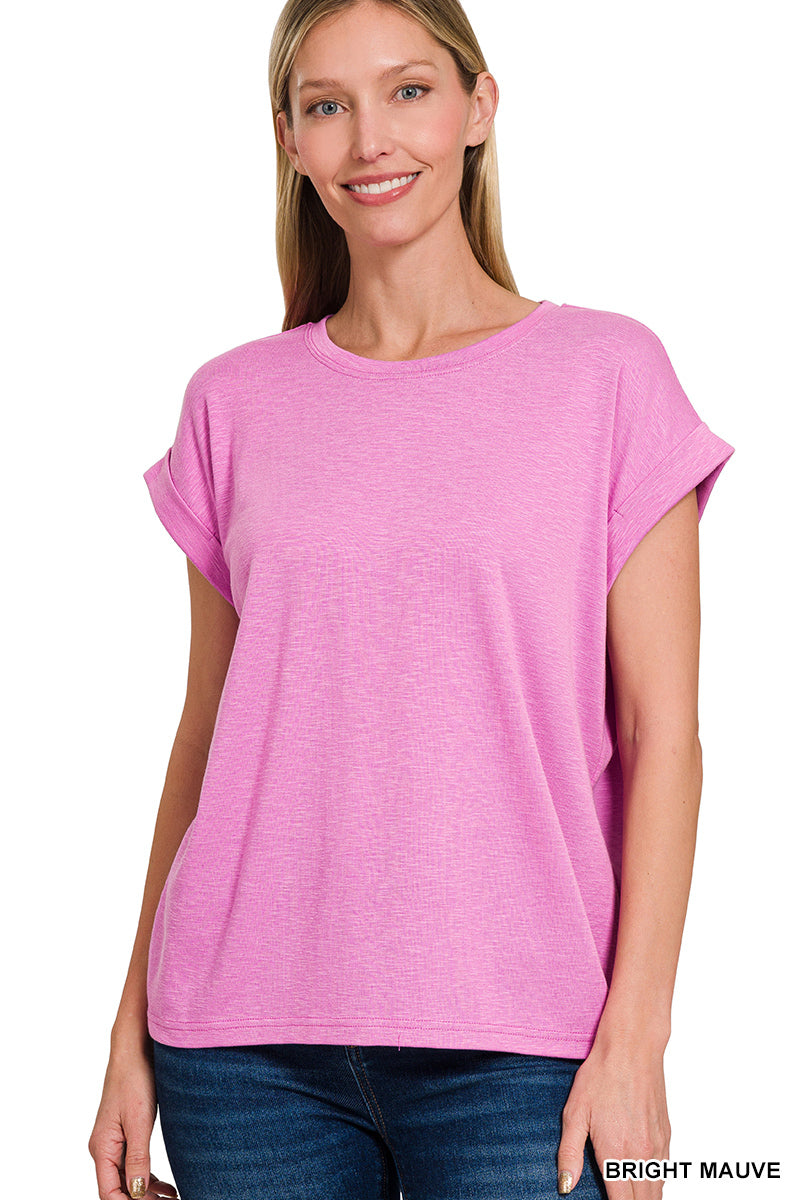 Zenana Cotton Top Modal Rolled Sleeve - Bright Mauve