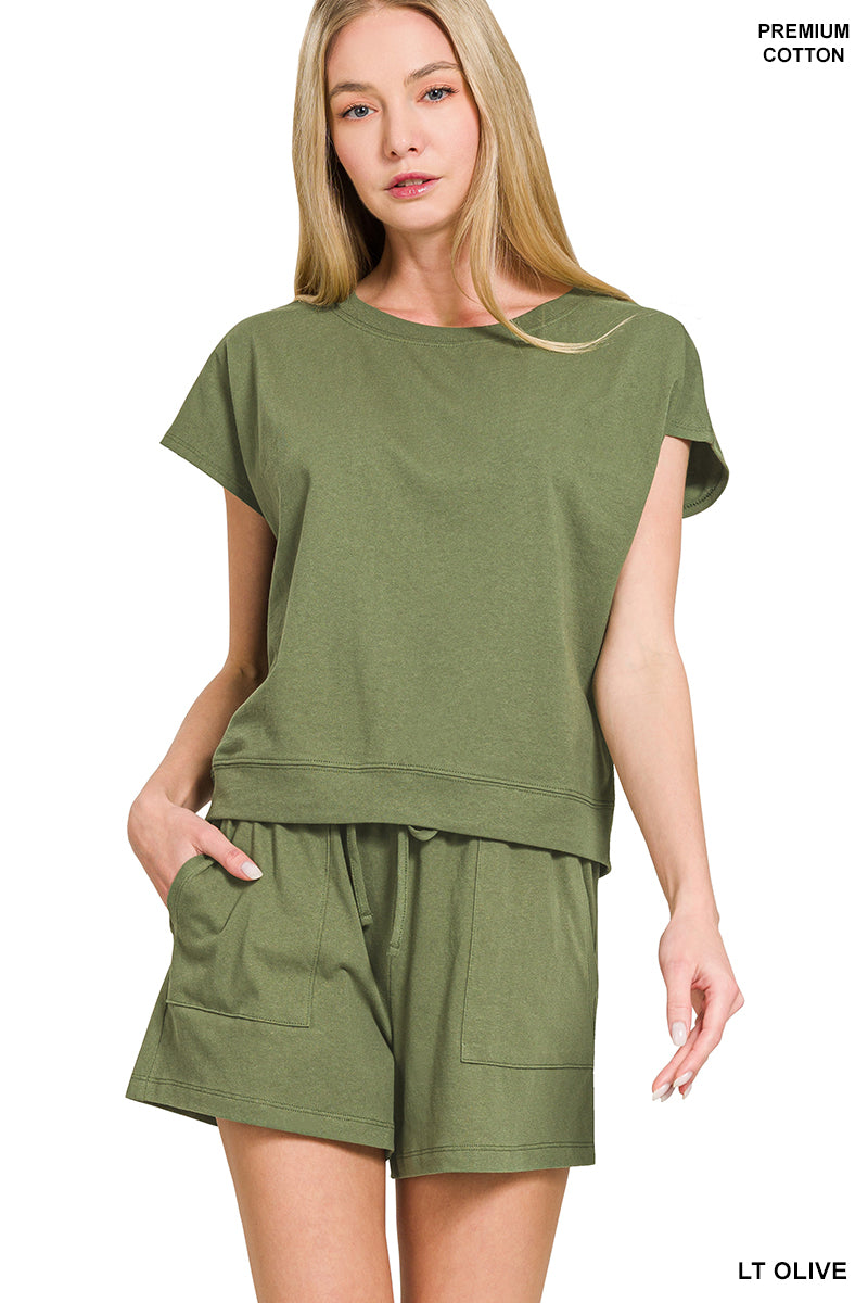 Zenana Cotton Short Sleeve Top & Shorts Set - Light Olive