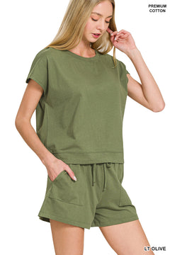 Zenana Cotton Short Sleeve Top & Shorts Set - Light Olive - PinkPro Beauty Supply
