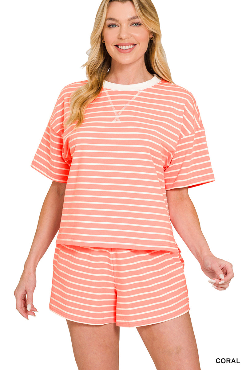Zenana Apparel Set Top & Shorts Striped Round Neck Coral