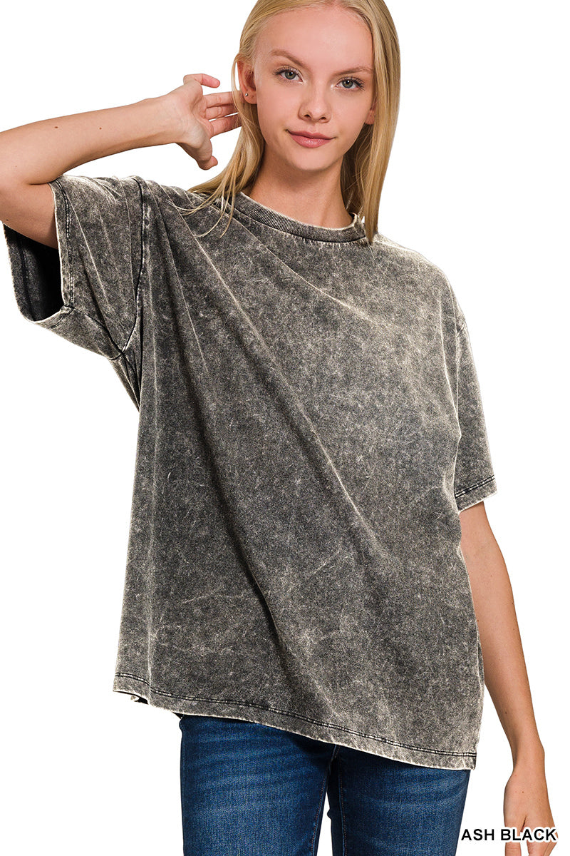 Zenana Acid Wash Top Short Sleeve Round Neck - Ash Black - PinkPro Beauty Supply