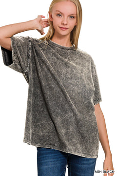 Zenana Acid Wash Top Short Sleeve Round Neck - Ash Black - PinkPro Beauty Supply