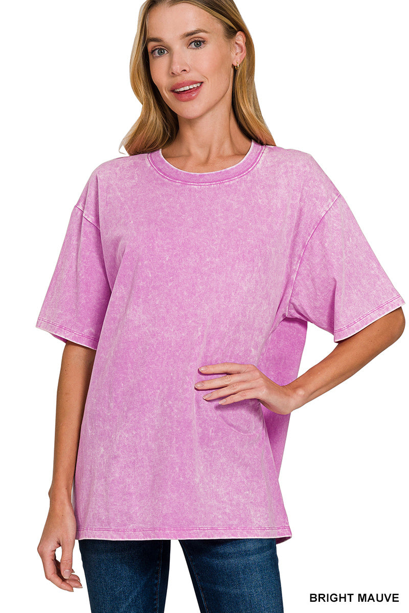Zenana Acid Wash Top Short Sleeve Round Neck - Bright Mauve - PinkPro Beauty Supply