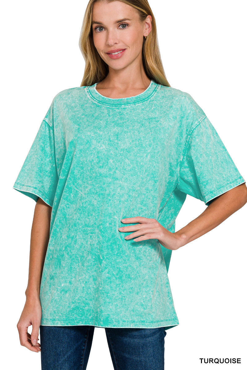 Zenana Acid Wash Top Short Sleeve Round Neck - Turquoise - PinkPro