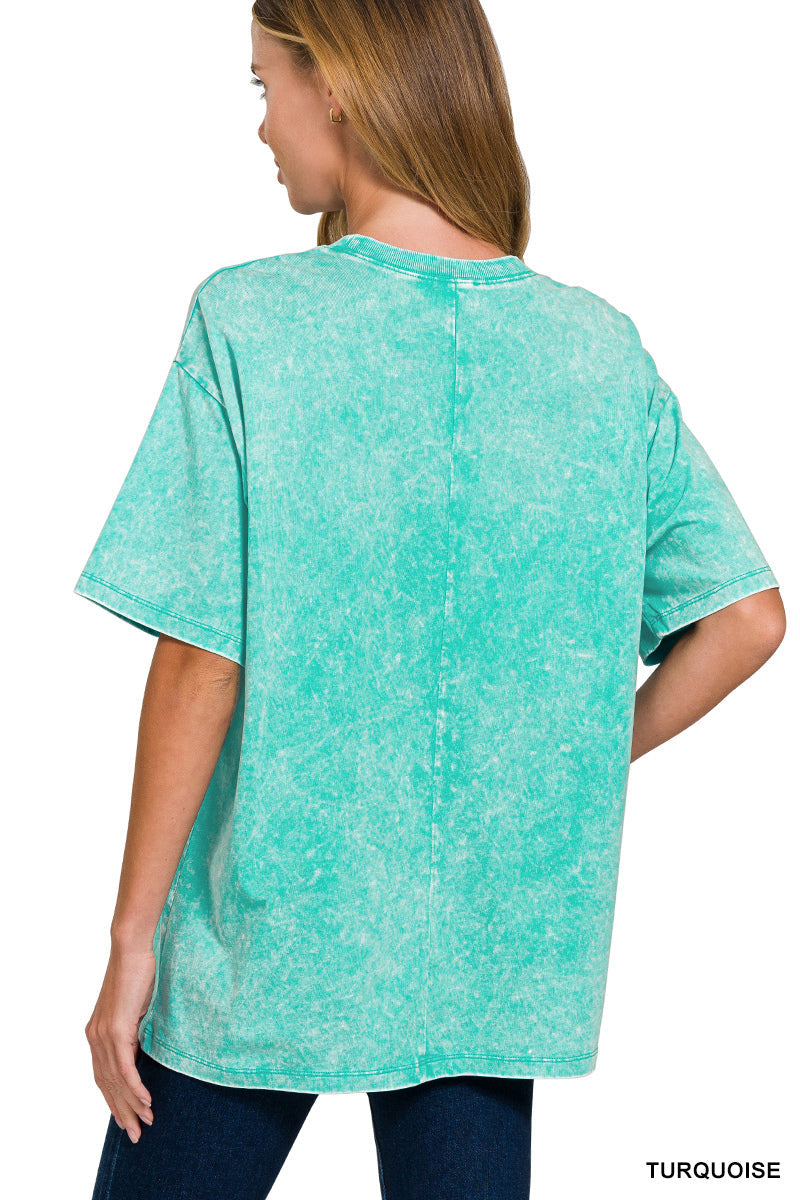 Zenana Acid Wash Top Short Sleeve Round Neck - Turquoise - PinkPro