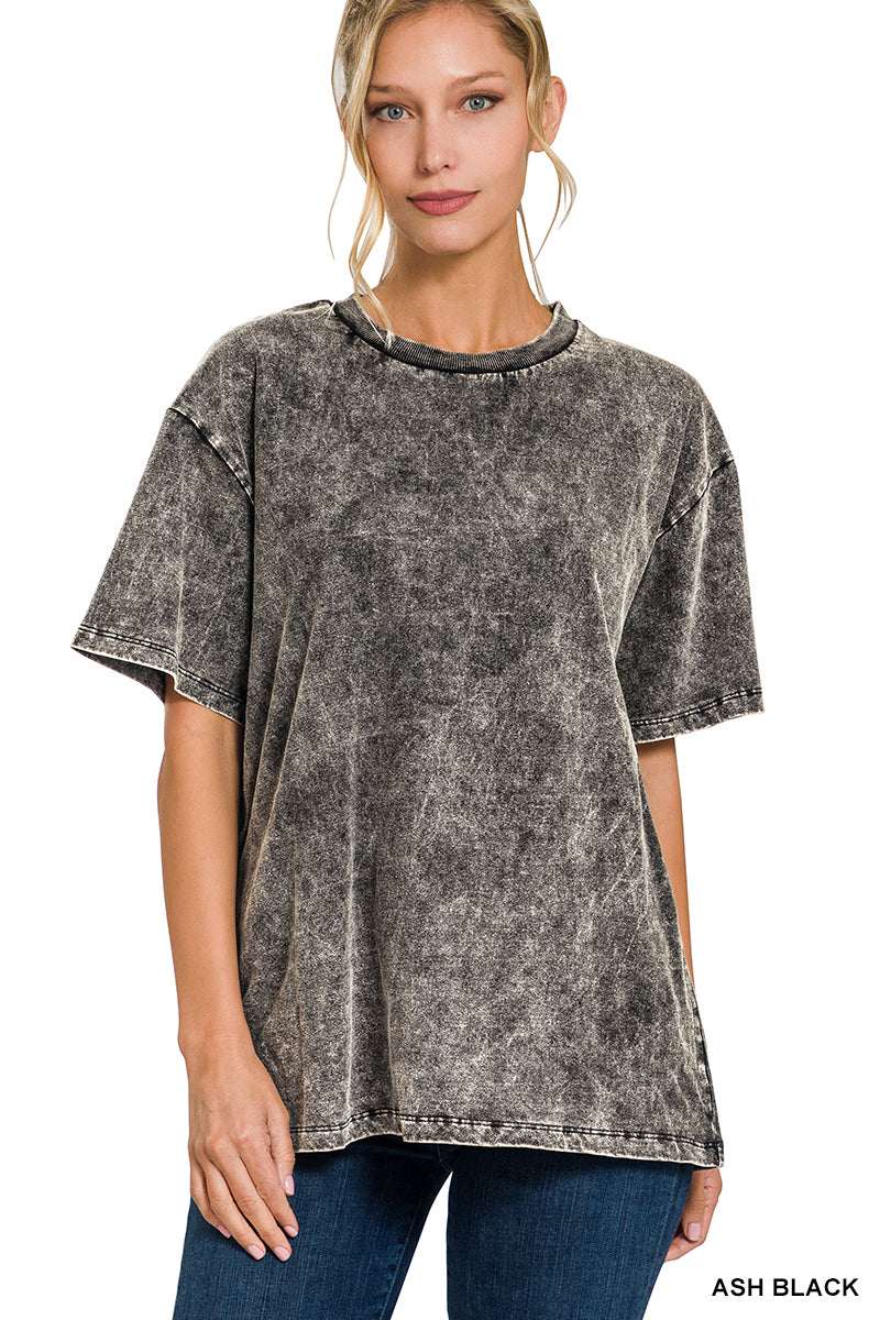 Zenana Acid Wash Top Short Sleeve Round Neck - Ash Black - PinkPro Beauty Supply