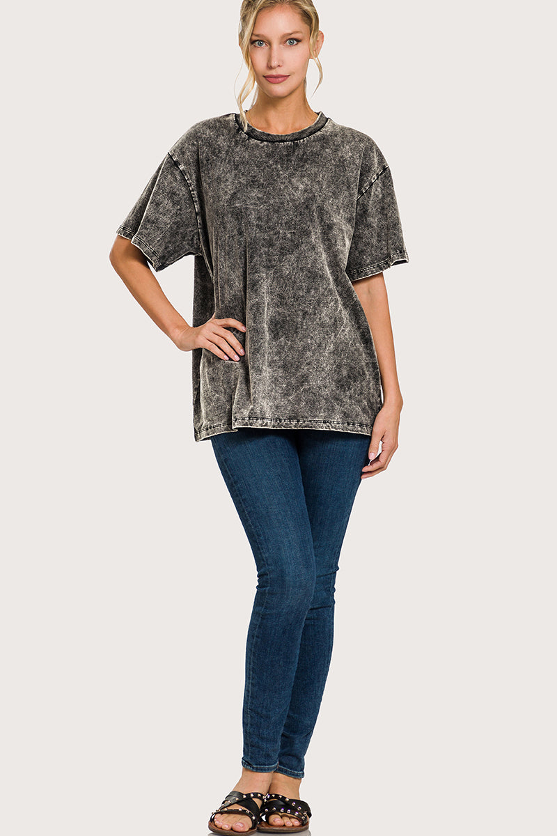 Zenana Acid Wash Top Short Sleeve Round Neck - Ash Black - PinkPro Beauty Supply