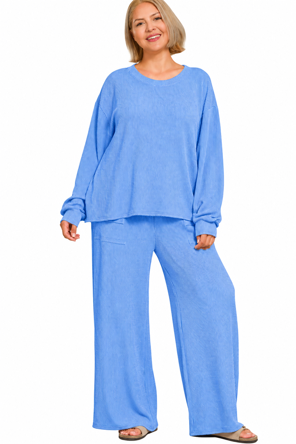 Zenana Plus Size Raised Rib Round Neck Apparel Set – Cornflower