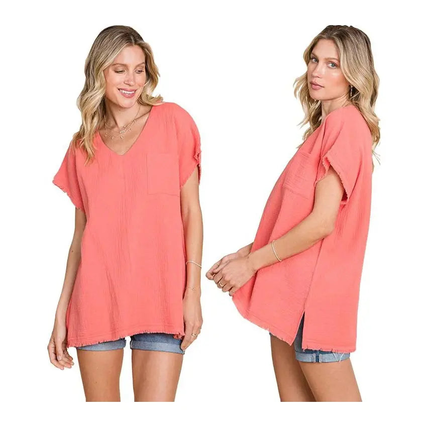 Cotton Bleu Top Gauzy Frayed Coral Cotton Bleu